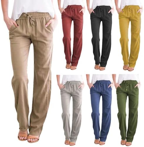 מכנסי פשתן מכותנה לנשים שרוך כיסי צד מותניים אלסטיים עלייה גבוהה מכנסי מכנסיים נוחים רופפים מזדמנים, גדולים פי 3