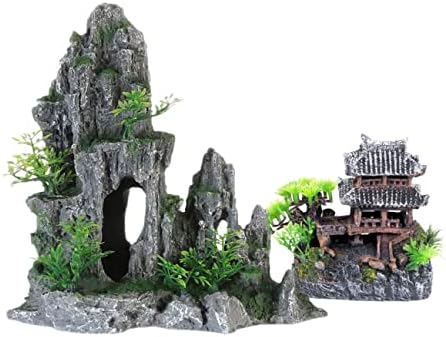 ערכת קישוטים לאקווריום גדול במיוחד - מקדש עתיק בהר, קישוטי אקווריום יפניים שרף קישוטי טירת אקווריום אבן נוף להרים