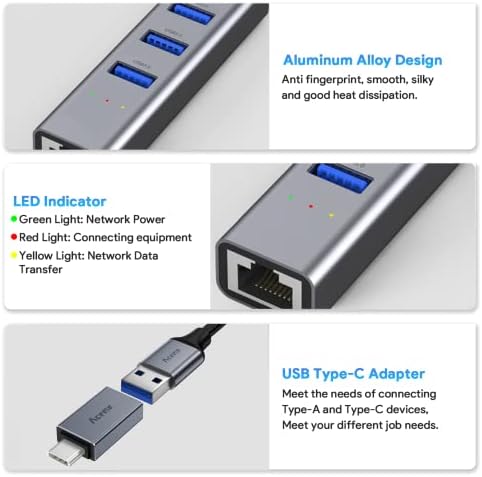 ACEELE USB ל- Ethernet מתאם, USB C ל- Ethernet, Aluminum USB 3.0 רכזת עם RJ45 10/100/1000 Gigabit Ethernet מתאם, תואם ל- MacBook Pro/Air, iPad Pro 2021, Chromebook, XPS, Pro Surfic