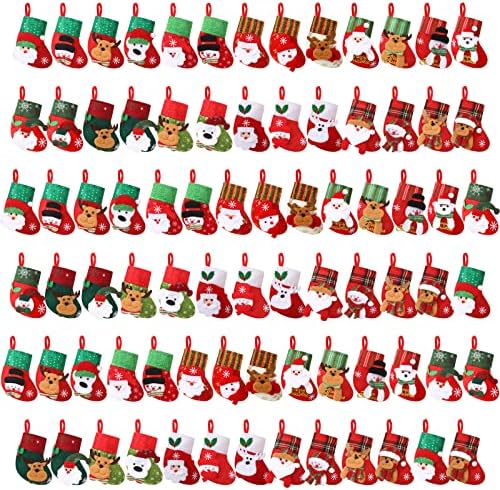 80 חתיכות גרבי חג המולד מיני גרבי חג המולד גרבי חג המולד תלויים עם פתיתי שלג 3D איילים סנטה קלאוס שלג דוב גרבי מתנה מיני לקישוט עץ חג המולד לחג