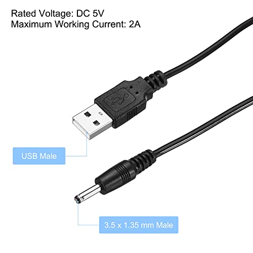 Meccanixity USB כבל טעינה כבל USB זכר ל- DC 3.5 x 1.35 ממ זכר 120 סמ 120 סמ תקע תיל טעינה למאווררי מיני מנורת לילה, חבילה שחורה של 1