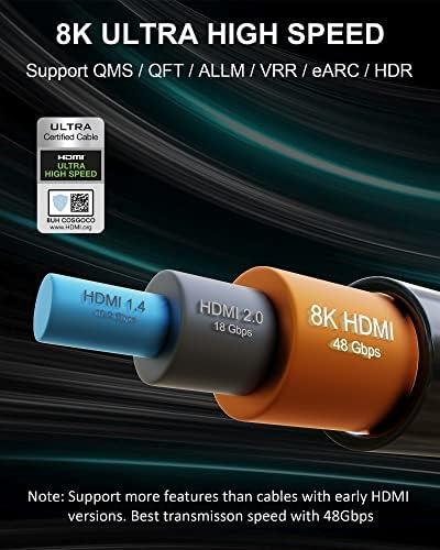 8K כבל HDMI 48 ג'יגה-ביט לשנייה 6.5ft, TESMAX מוסמך Ultra במהירות גבוהה 8K60Hz 4K120Hz, HDCP 2.2 2.3 HDR דינמי HDR10 EARC, תואם ל- Dolby Vision Apple TV 4K/Samsung/LG/Sony/Ruko/PS5/Xbox/RTX3080/Blu-Ray-ray/Blu-Ray