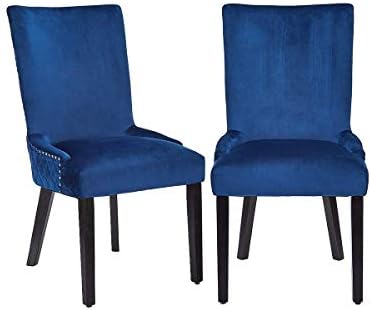 כיסא אוכל מרופד קטיפה עם רגליים מעץ מלא כיסא צד לחדר אוכל חדר אורחים, סט של 2, כחול כהה