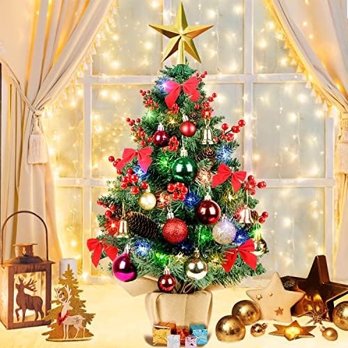 Gudelak 24 “עץ חג המולד מיני עם אורות וקישוטים, עיצוב עץ חג המולד קטן מלא מלאכותי עם כדורי חג המולד, 4 אורות צבע, קופסת מתנה לקישוטים לחג המולד מקורה בבית
