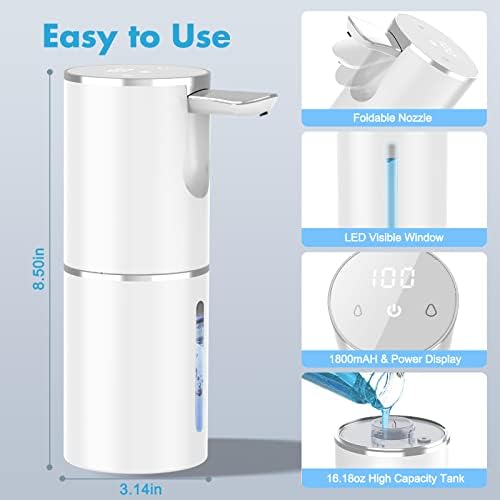 Yikhom מתקן סבון נוזלי אוטומטי, 5 רמות מתכוונן ללא מגע USB-C נטענת, 15.56oz חיישן IR חיישן סבון מתקפל קיר קיר, מתקן חומר ניקוי חשמלי לחדר אמבטיה למטבח