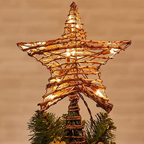 טופר עץ כוכב חג המולד, 12 טופר עץ כוכבים תלת מימדי של ראטאן, כוכב טבעי כפרי רטן בנוי ב -10 נורות מיתרים לחג המולד מקורה חג המולד לחג המולד השנה החדשה