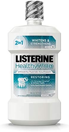 ליסטרין לבן בריא משחזר שטיפת פה פלואוריד, שטיפת פה נגד שיניים להלבנת שיניים, ריח רע מהפה ושיקום אמייל, מנטה נקייה, 32 פלורידה. עוז
