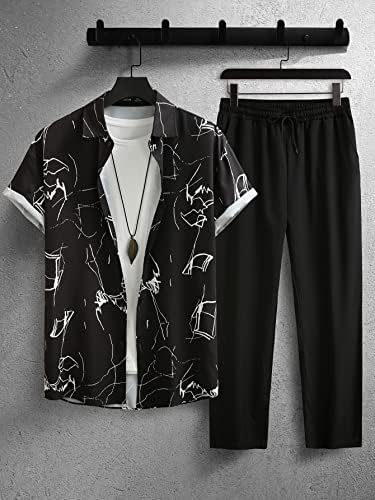 תלבושות שני חלקים לגברים גברים חולצה עם הדפס גיאוגרפי ומכנסי מותניים עם שרוך ללא טי