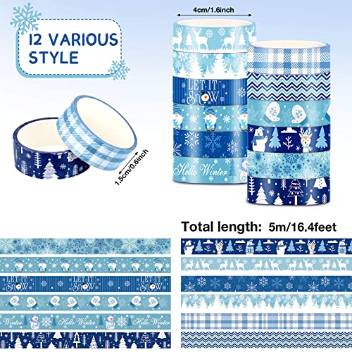 12 גלגל חורף משובץ קלטת קלטת קלטת דקורטיבית כחול לבן חג מיסוך קלטת מיסוך שלג פתית שלג עץ שלג איש אייל קלטת דקורטיבית דפוסית לילדים מבוגרים