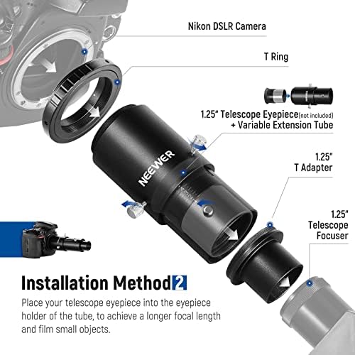 Neewer 1.25 אינץ 'מתאם מצלמת טלסקופ משתנה וערכת צינור הרחבה 1.25 , תואמת למצלמות DSLR של ניקון ועינית טלסקופ למוקד ראשוני והקרנת עינית אסטרופוטוגרפיה