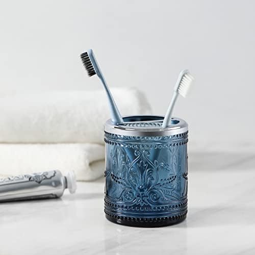 4 יחידות אביזרי אמבטיה של זכוכית כחולה כהה מוגדרים עם דפוס לחוץ דקורטיבי - כולל מתקן סבון ידיים וכוסות סבון ומחזיק מברשת שיניים