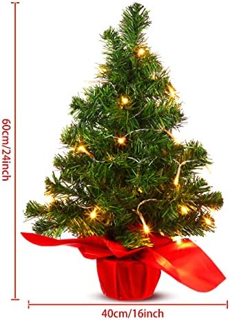 4 חבילות מיני חג המולד עץ חג המולד עם אורות 24 אינץ '2 סמ שולחן חג המולד עץ חג המולד מלאכותי עץ חג המולד כולל אורות קטנים ושקית בד בסיס עץ חג המולד קטן לעיצוב שולחן עבודה שולחן עבודה עיצוב חג המולד
